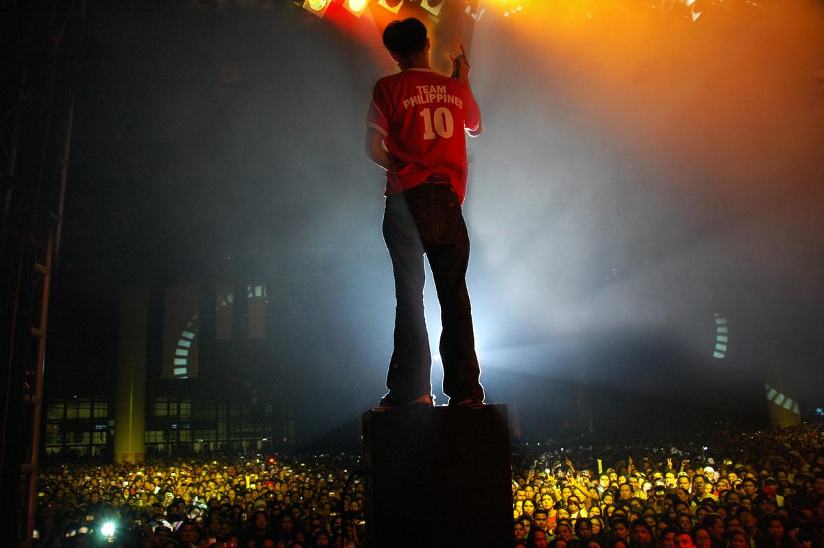 The Rock music vocalist connecting to the live audience.